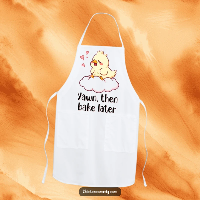Funny Sleepy Chicken Apron showing a chicken yawning on a cloud, perfect for calm kitchen fun and cooking.