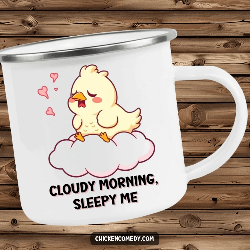 Funny Sleepy Chicken Camping Mug depicting a chicken yawning on a soft cloud, perfect for outdoor beverages.