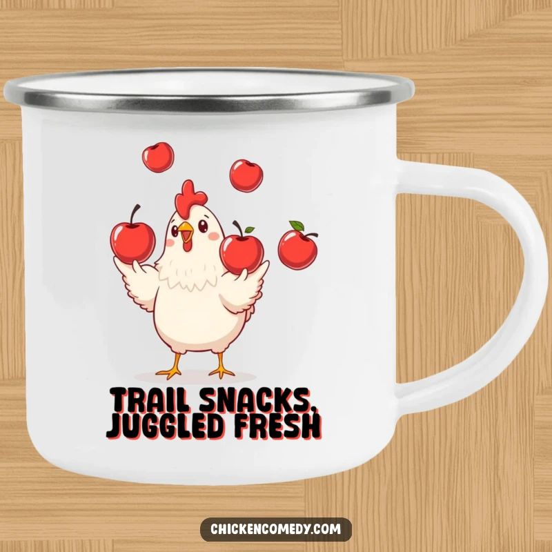 Funny Chicken Enamel Camping Mug, a durable and humorous cup with a playful chicken juggling apples, funny gift.