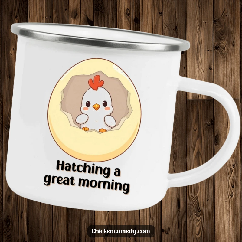 Funny Chicken Camping Mug showing a curious chick emerging from a giant egg, perfect for outdoor beverages.