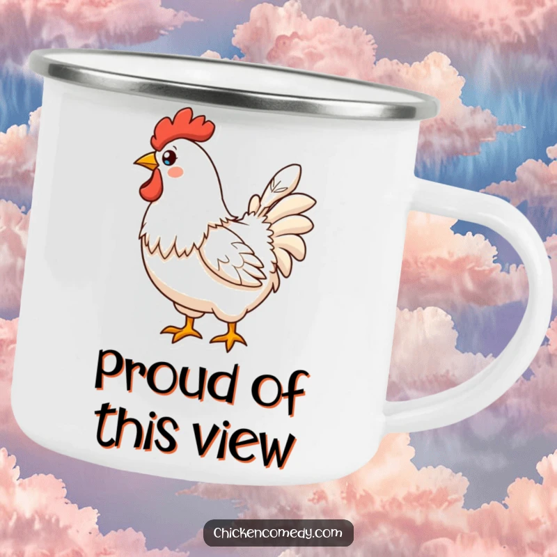 Funny Proud Chicken Camping Mug depicting a chicken showcasing a perfect feather, perfect for outdoor beverages.