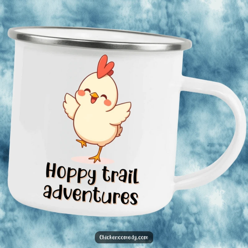 Funny Happy Chicken Camping Mug depicting a joyful chicken in a celebratory hop, perfect for outdoor beverages.