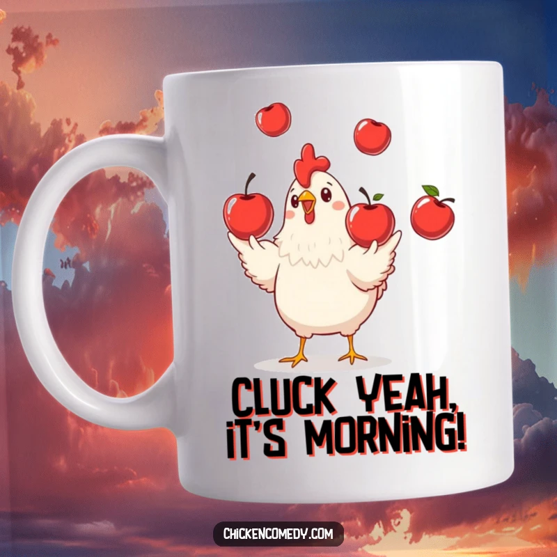 Funny Chicken Juggling Apples Mug featuring a playful chicken juggling three red apples, a perfect funny gift.