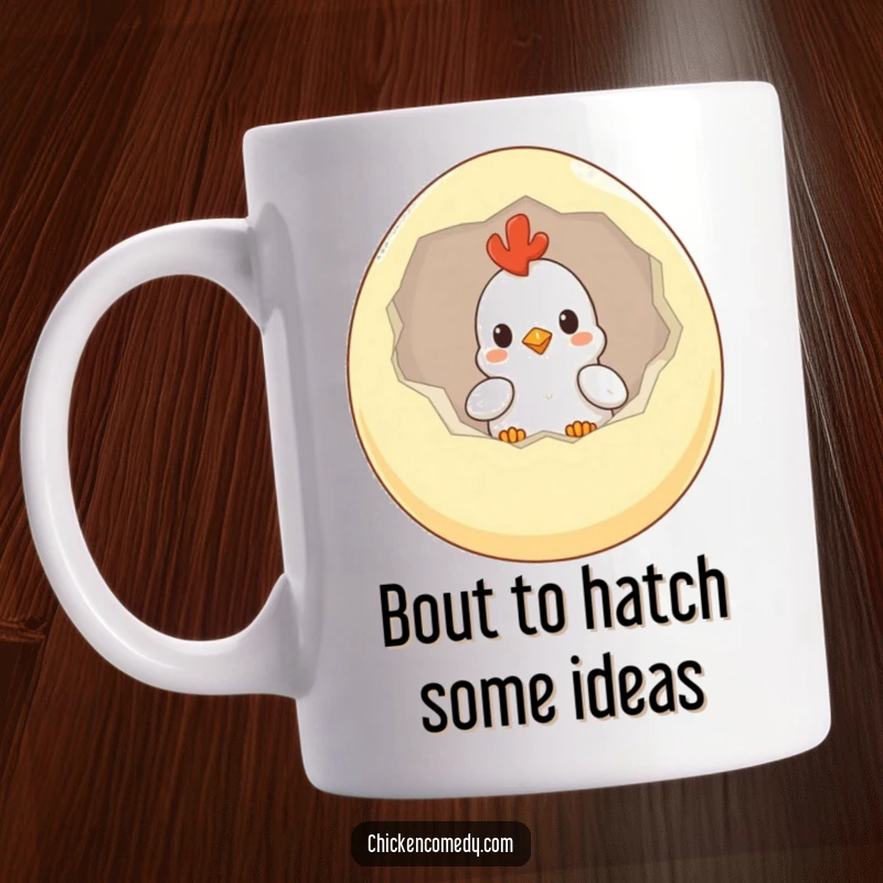 Funny Chicken Mug featuring a curious chick peeking from a giant egg, symbolizing surprise and morning delight.