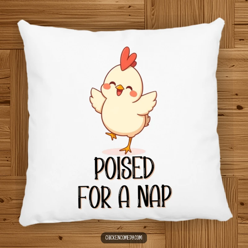 Funny Happy Chicken Pillow featuring a joyful chicken in a celebratory hop, perfect for cozy lounging and smiles.