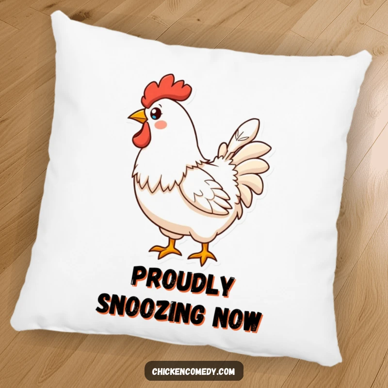 Funny Proud Chicken Pillow featuring a chicken displaying a perfect feather, ideal for cozy decor and humorous flair.