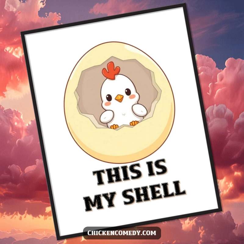 Funny Chicken Digital Art Print of a curious chick peeking from a giant egg, suitable for instant home decor.