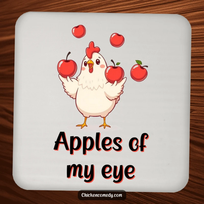 Funny Chicken Juggling Drink Coaster, humorous accessory with a playful chicken juggling apples, perfect funny gift.