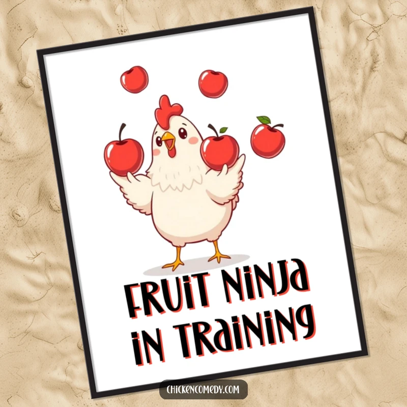 Funny Chicken Juggling Poster, humorous wall art of a playful chicken juggling apples, a perfect funny gift.