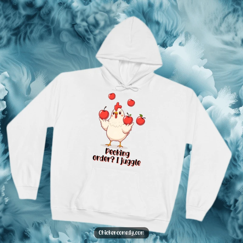 Funny Chicken Juggling Hoodie, a cozy garment with a playful chicken juggling red apples, ideal funny gift.