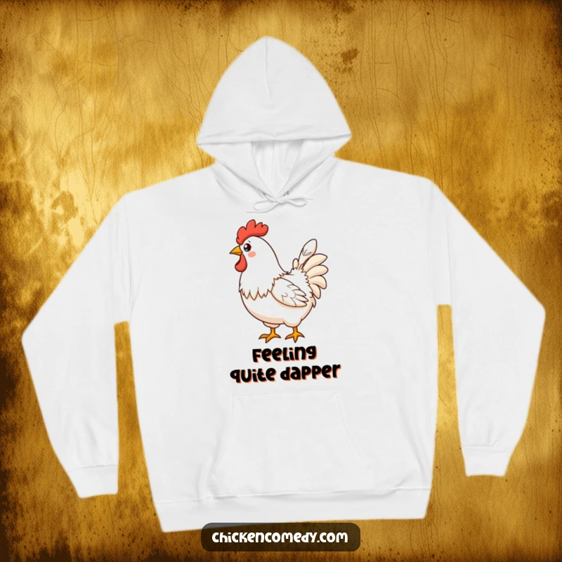 Funny Proud Chicken Hoodie depicting a chicken showcasing a single, perfect feather, offering cozy, confident style.