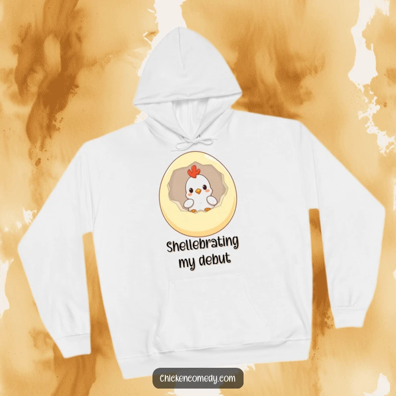 Funny Chicken Hoodie depicting a curious chick emerging from a large egg, perfect for cozy, humorous lounging.