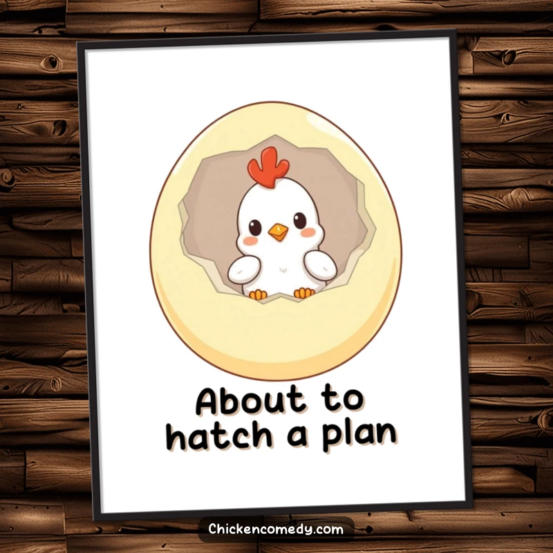 Funny Free Printable Wall Art: A curious chicken is about to hatch from a giant egg, bringing a whimsical vibe.