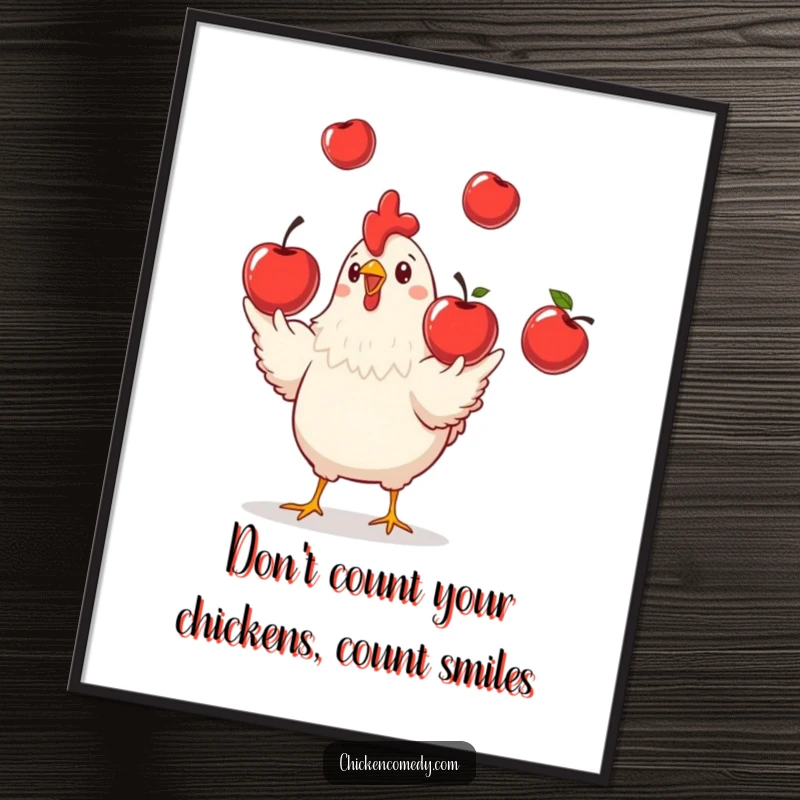 Funny Free Printable Wall Art: A playful chicken juggles three shiny red apples, a delightful piece of quirky downloadable art.