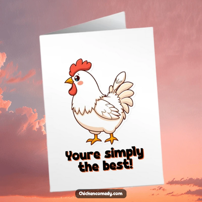 Funny Free Printable Birthday Card: A proud chicken displays a single, perfect feather with an air of accomplishment.