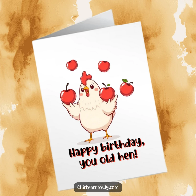 Funny Free Printable Birthday Card: A playful chicken comically juggles three shiny red apples, celebrating their special day.