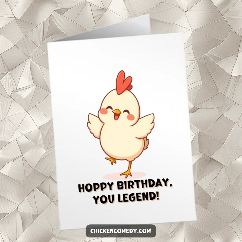 Funny Free Printable Birthday Card featuring a happy chicken mid-hop, radiating pure birthday excitement and fun.