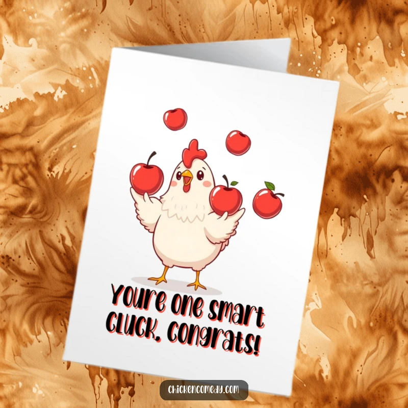 Funny Free Printable Congratulations Card: A playful chicken juggles three shiny red apples, celebrating their amazing achievement.