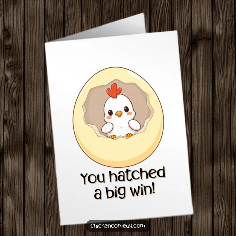 Funny Free Printable Congratulations Card: Curious chicken emerging from a giant egg, symbolizing a new beginning or achievement.