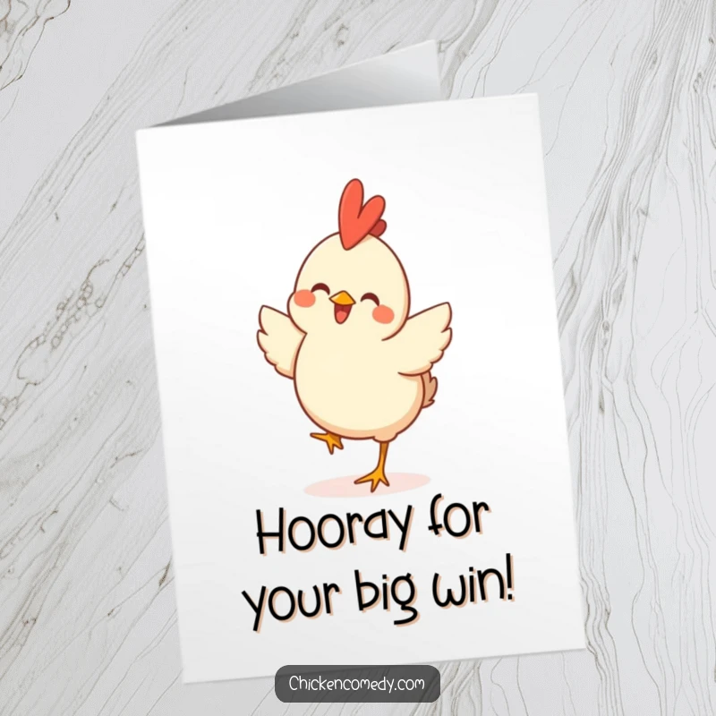 Funny Free Printable Congratulations Card showing a happy chicken doing a little joyful hop, celebrating an achievement.