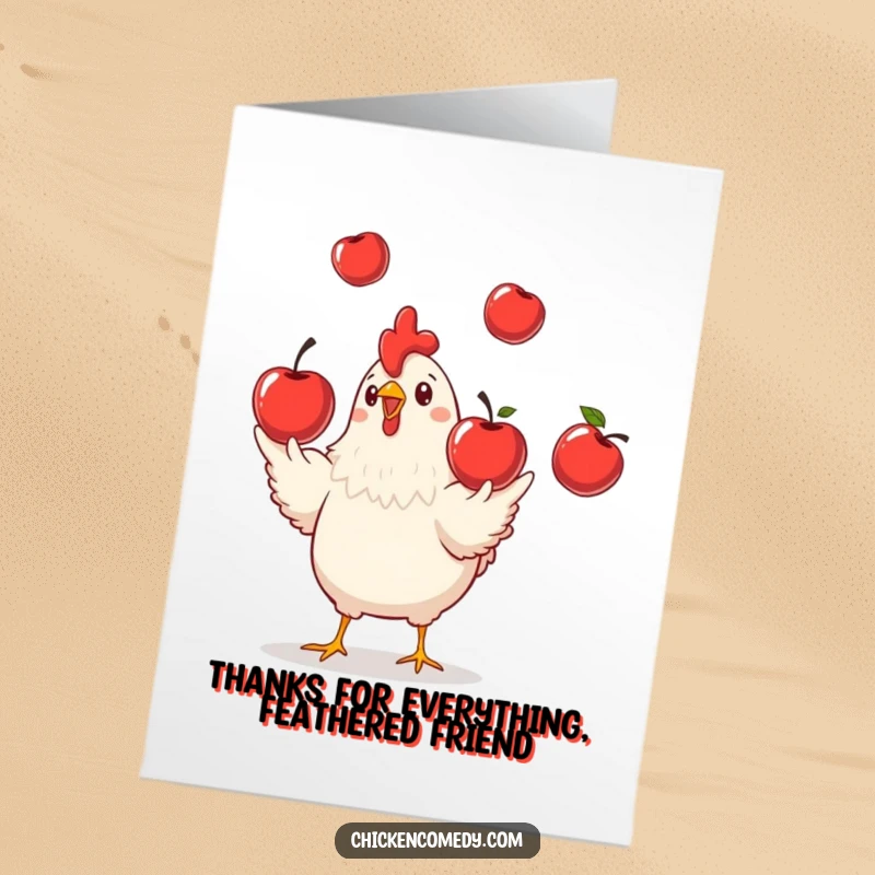 Funny Free Printable Thank You Card: A playful chicken juggles three shiny red apples, a fun way to say thank you.