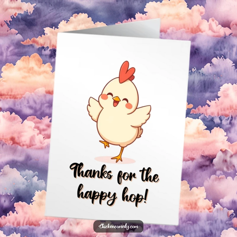 Funny Free Printable Thank You Card: A happy chicken performs a joyful hop, conveying delightful thanks and appreciation.
