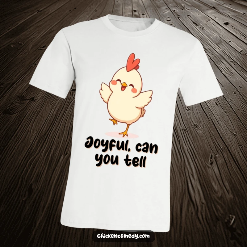 Funny Happy Chicken T-Shirt showing a cheerful chicken in a joyful mid-air hop, radiating pure glee.