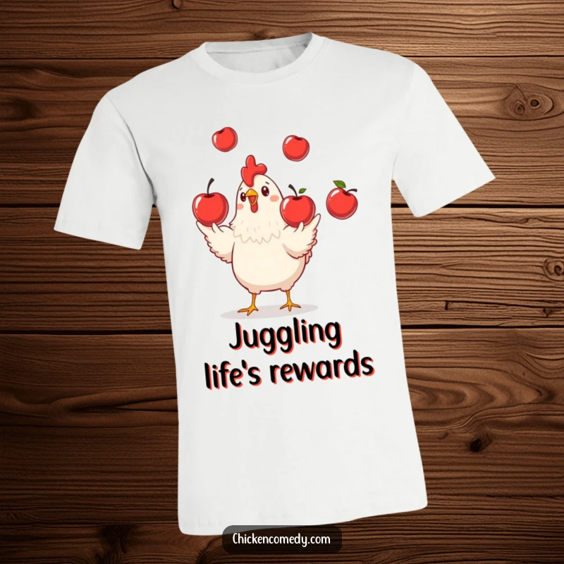 Funny Chicken Juggling T-Shirt, a playful chicken comically juggling three red apples, a great humorous gift.