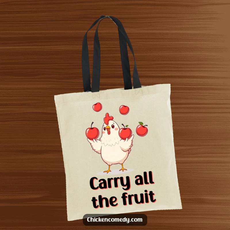 Funny Chicken Juggling Tote Bag, a stylish accessory with a playful chicken juggling red apples, perfect funny gift.