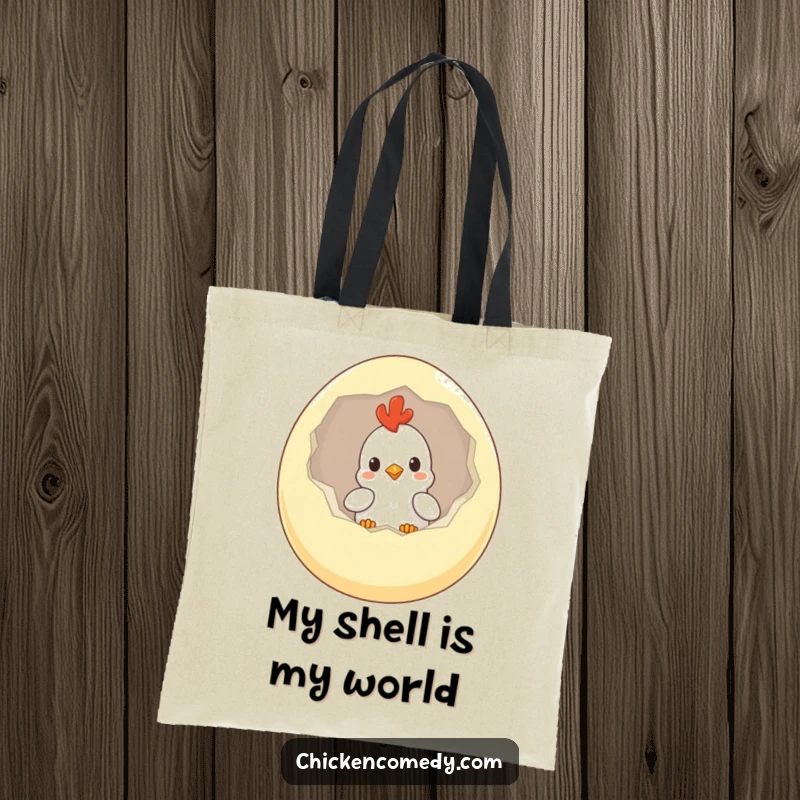 Funny Chicken Tote Bag with a curious chick peeking from a giant egg, perfect for shopping and carrying essentials.